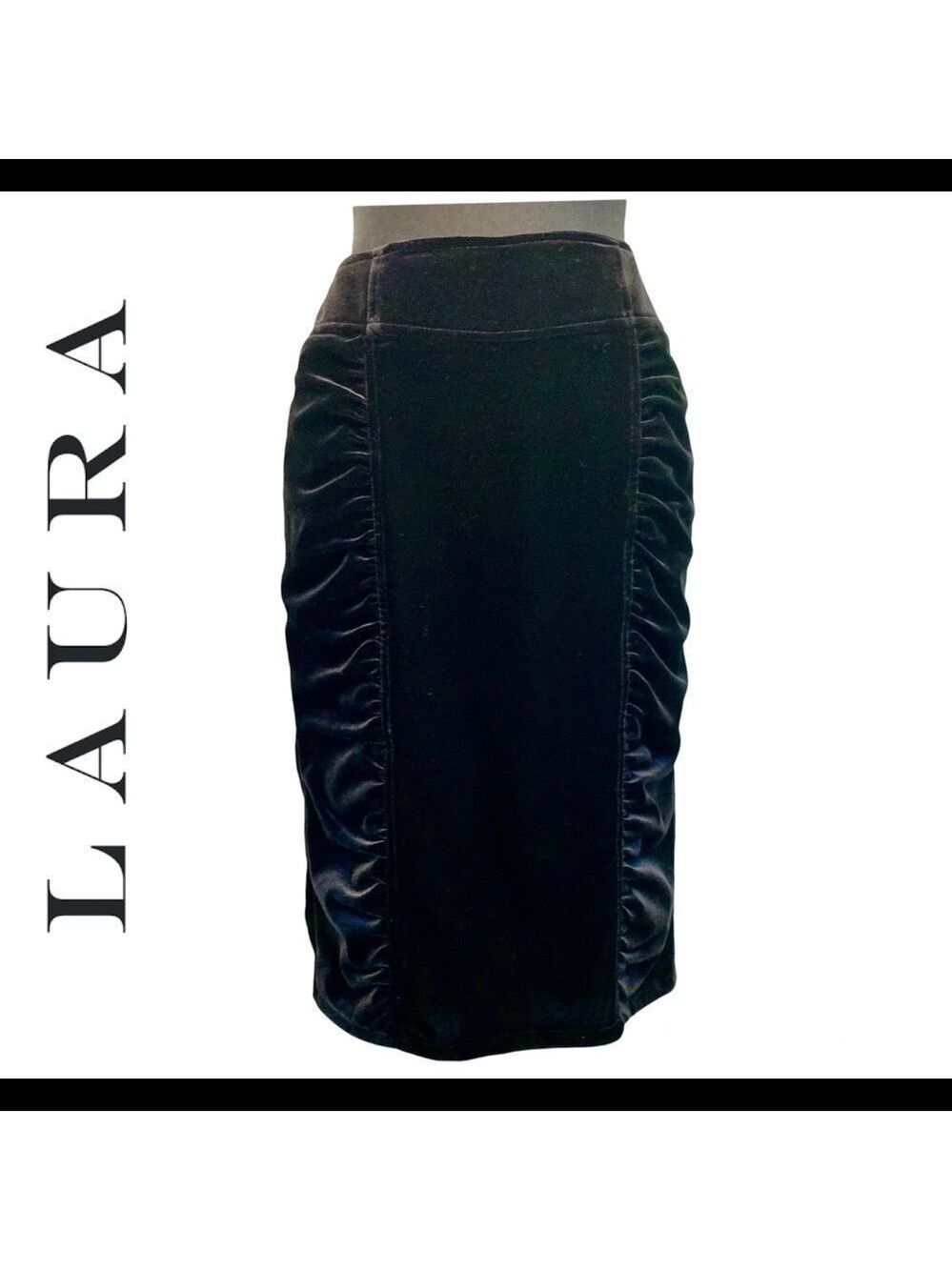 LAURA Petites black ruched stretchy velvet pencil skirt Sz 4